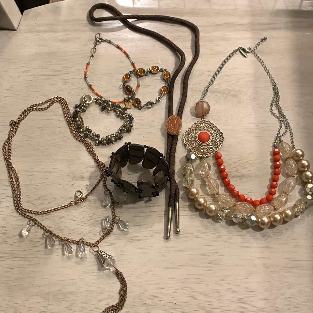 Orange Copper Brown‎ Lot 2 necklaces 3 bracelets 1 anklet 1 bolo